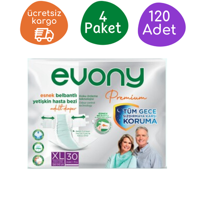 Evony Premium Esnek Belbantlı Yetişkin Hasta Bezi Ekstra Büyük (XL) Beden 30'lu 120 Adet - 1